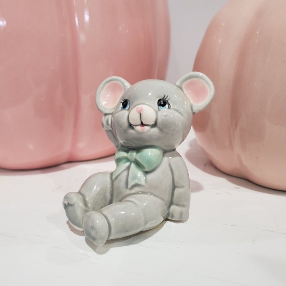 Russ Berrie & Co. Gray Mouse Blue Bow Figurine